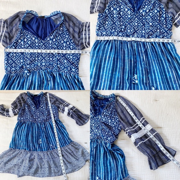 Hemant & Nandita Susan Indigo Dress Long Sheer Sleeve Gorgeous Mixed Boho Print - Picture 10 of 15